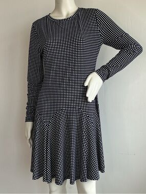 Midi dress Long Sleeve micro-square pattern round neck drop waist flared skirt M